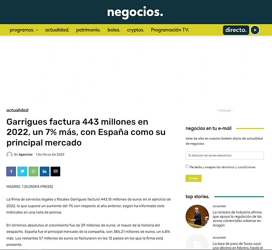 Garrigues factura 443 millones en 2022, un 7% ms, con Espaa como su principal mercado